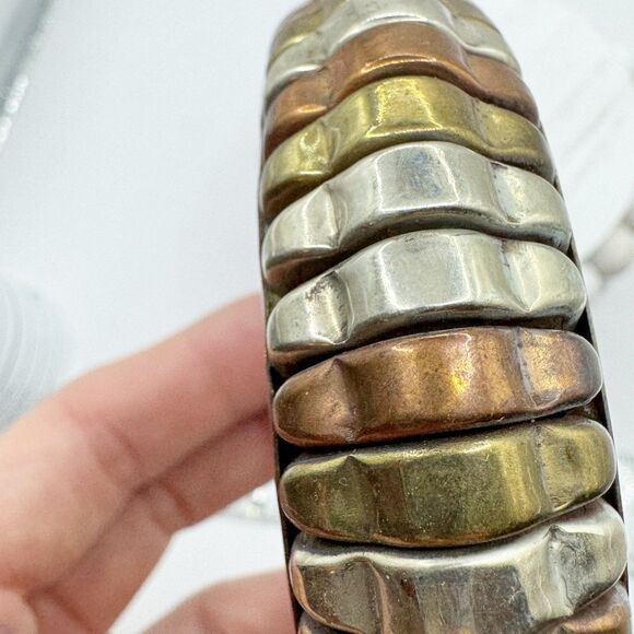 Vtg Bohemian Mixed Metal Large Chunky Indian Bangle Bracelet Silver Brass Copper - Picture 13 of 14